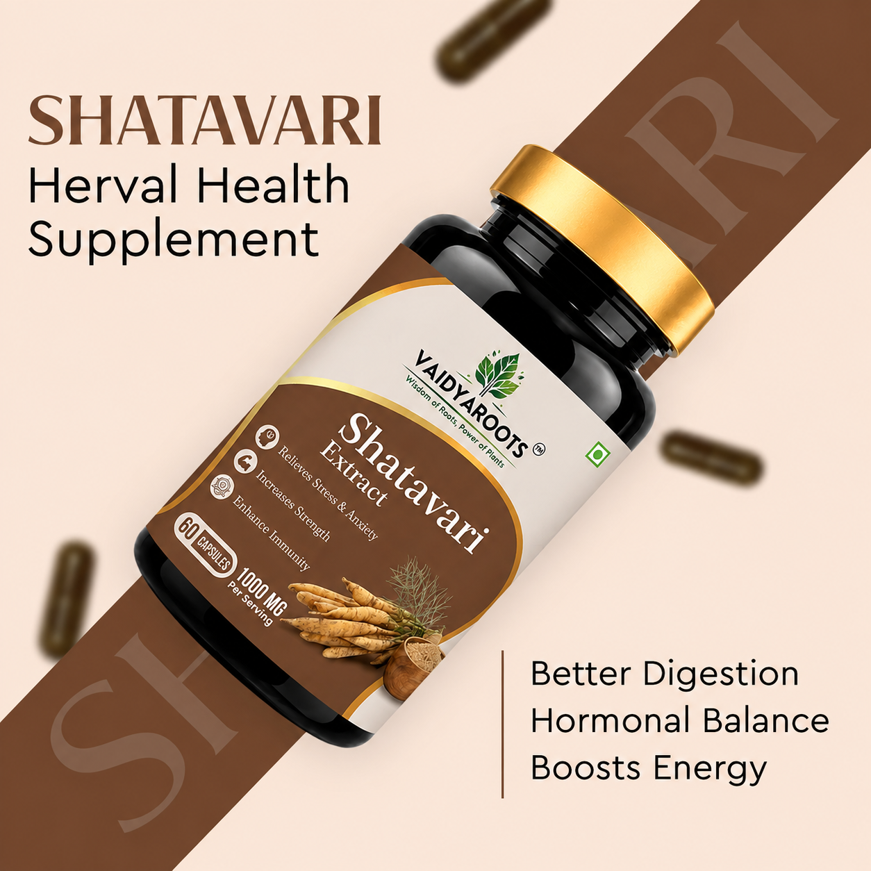 VaidyaRoots Shatavari Extract 60 Capsules | Women's Hormonal Health & Vitality