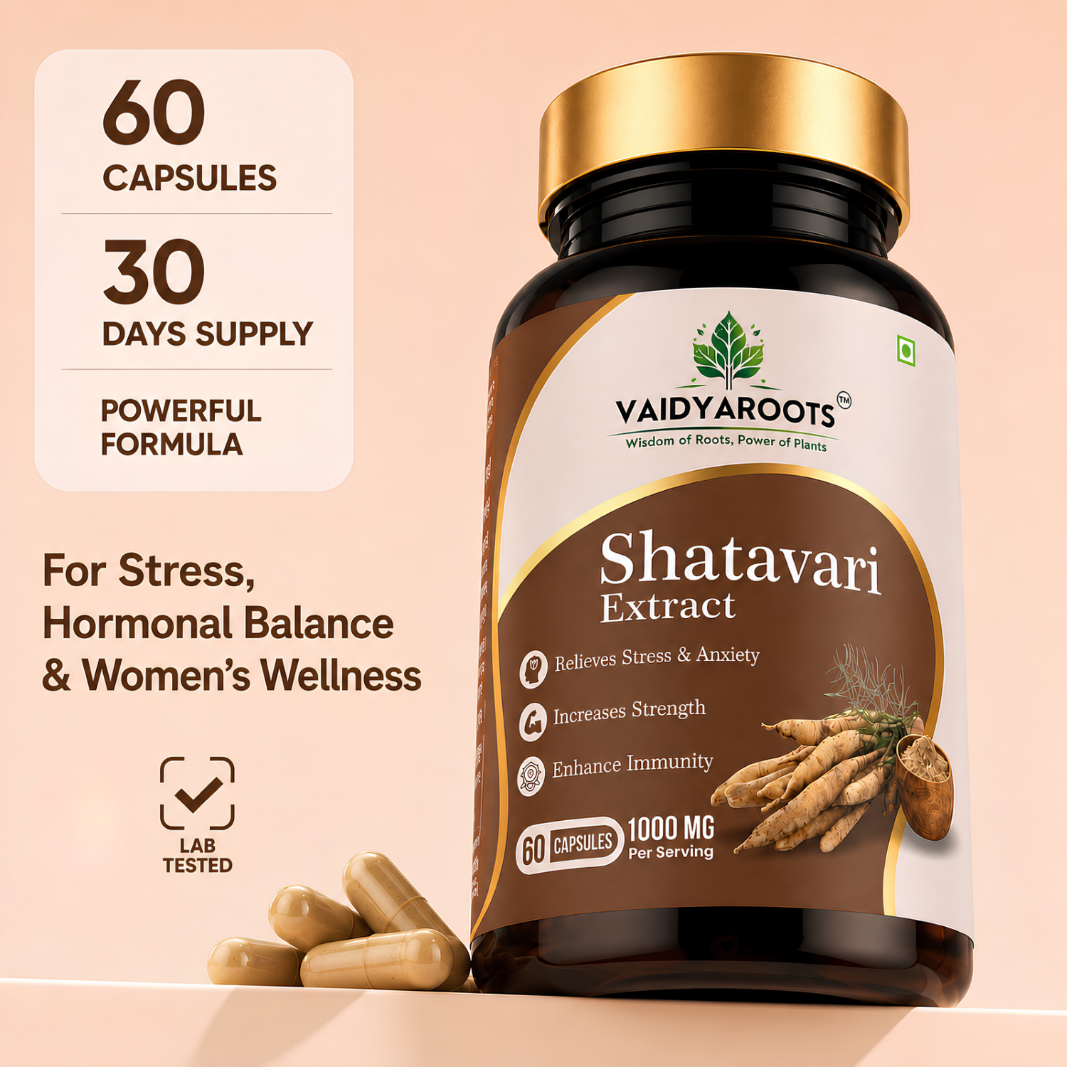 VaidyaRoots Shatavari Extract 60 Capsules | Women's Hormonal Health & Vitality