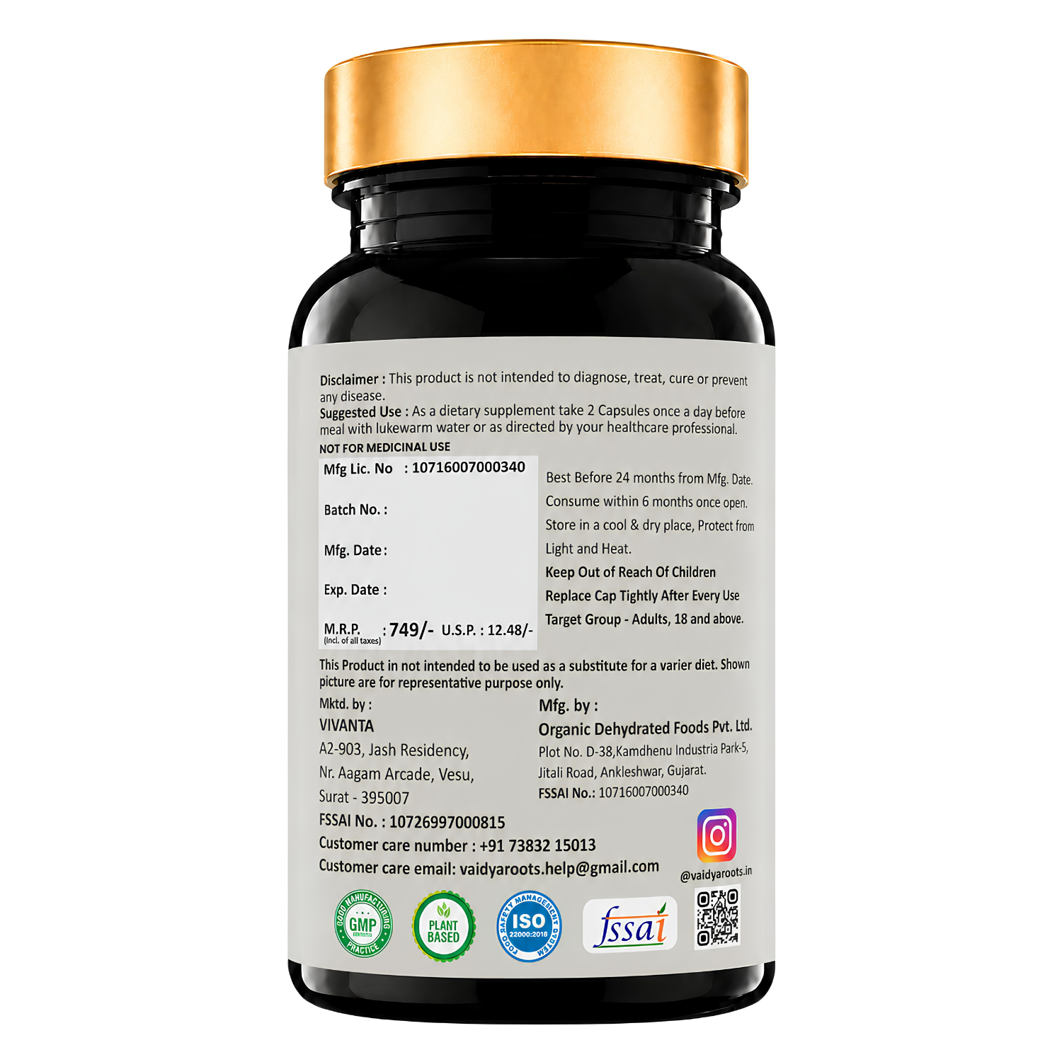 VaidyaRoots Brahmi Extract 60 Capsules | Brain Booster & Memory Support