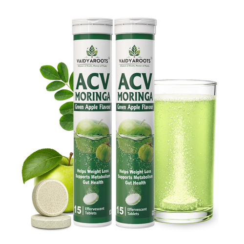 VaidyaRoots ACV + Moringa Effervescent Tablets | Green Apple Flavour