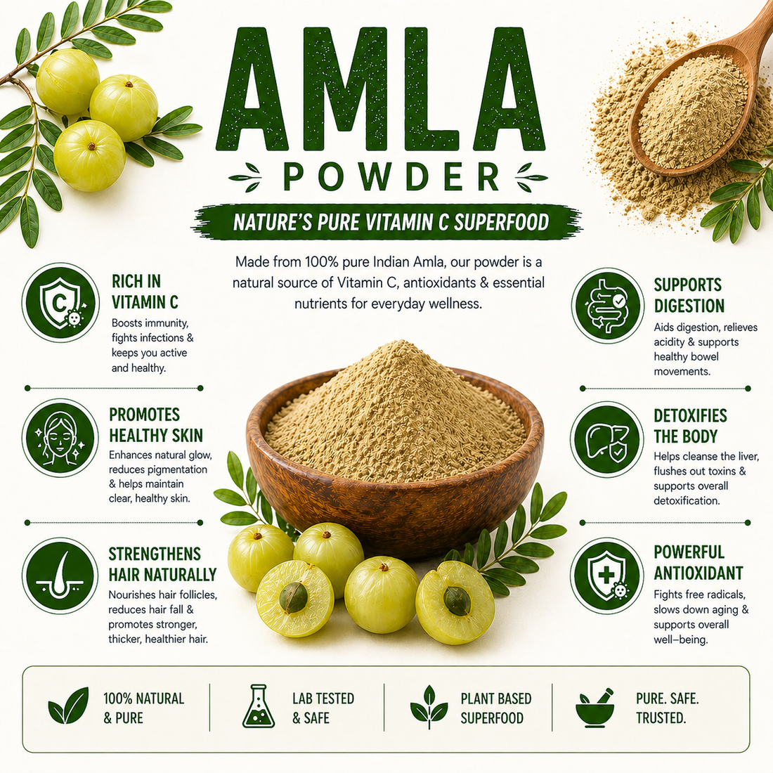 VaidyaRoots Amla Powder (Indian Gooseberry) | 100% Natural & Pure | Rich in Vitamin C | For Hair, Skin, Immunity & Digestion | No Additives, Chemical-Free