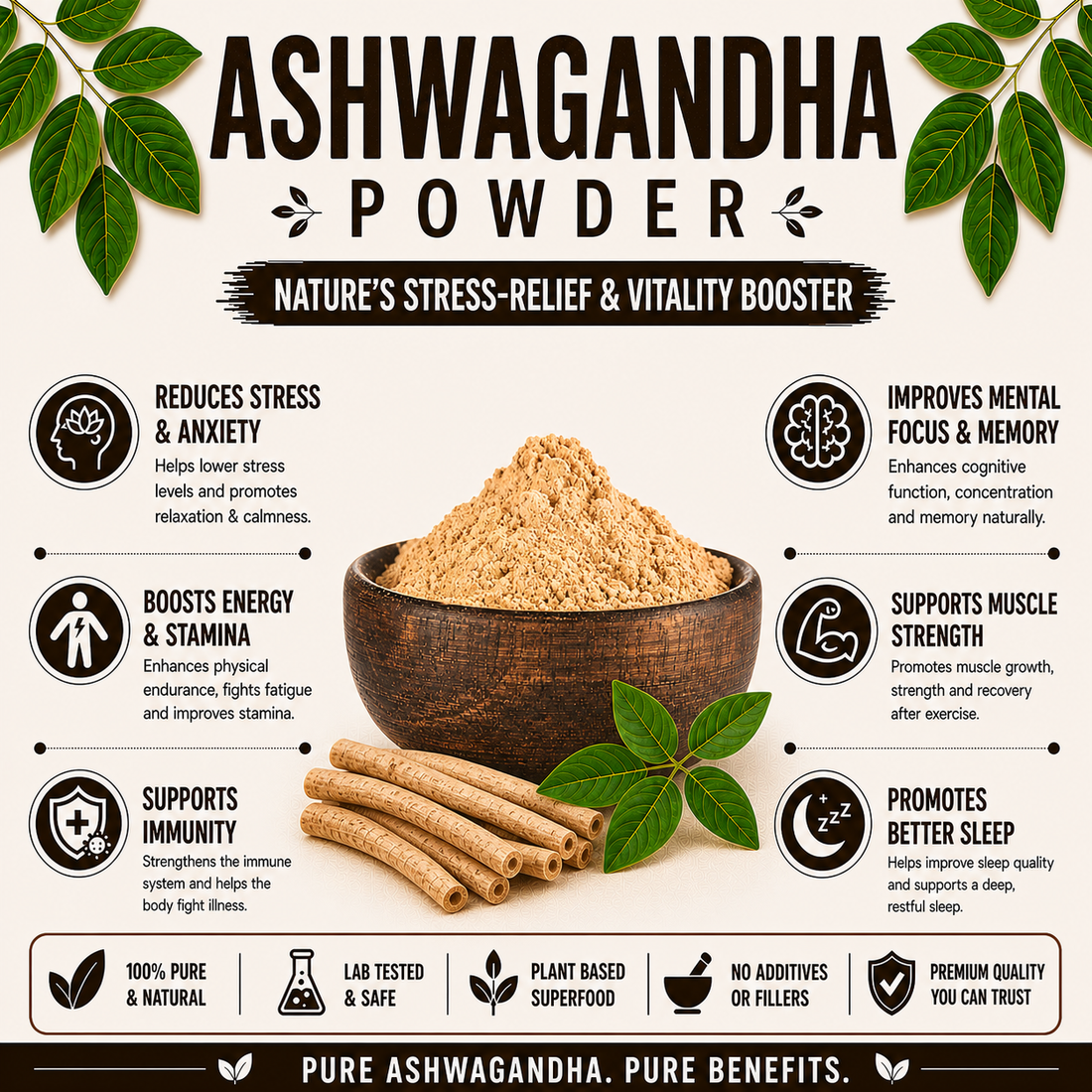 VaidyaRoots Ashwagandha Root Powder | Superfood for Stress Relief, Better Sleep & Stamina Support | Withania Somnifera | Lab Tested