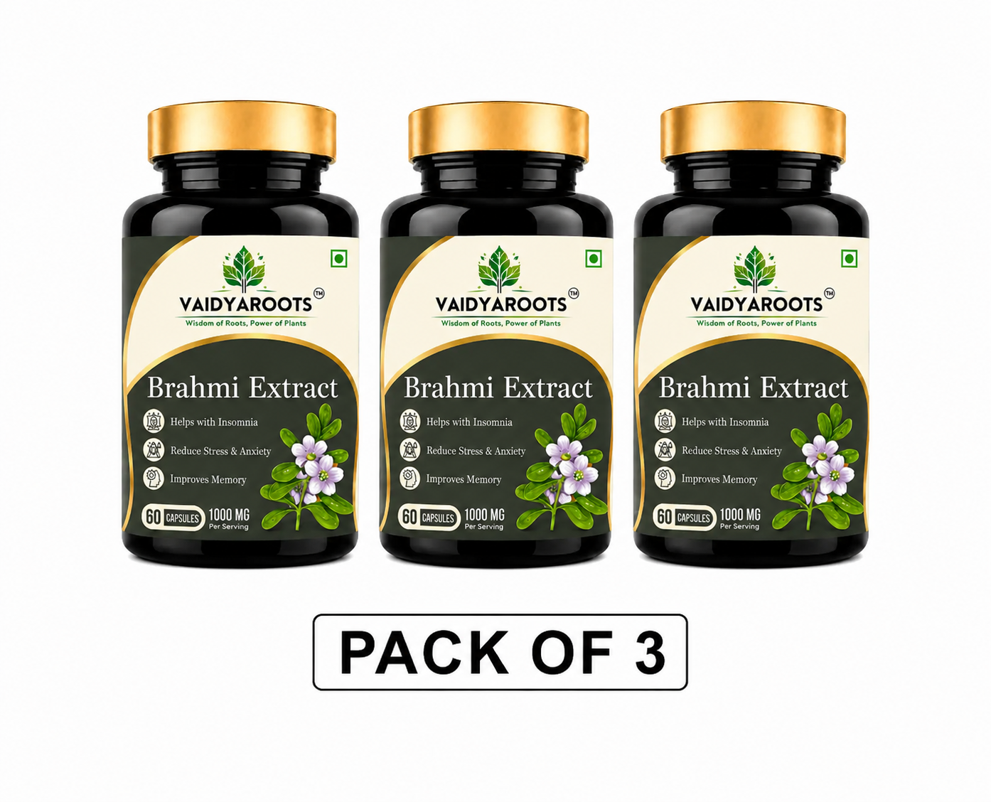 VaidyaRoots Brahmi Extract 60 Capsules | Brain Booster & Memory Support