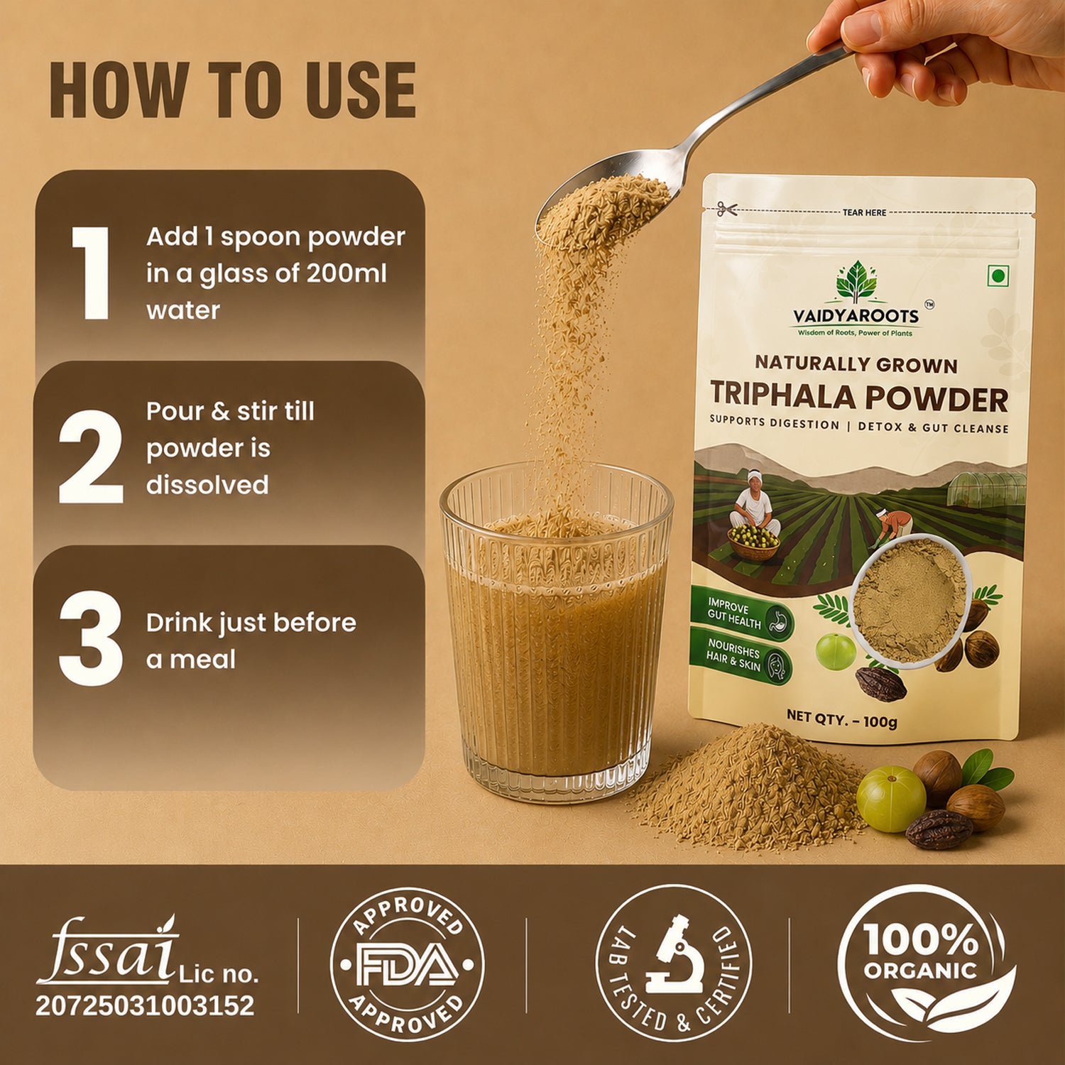 VaidyaRoots Triphala Powder | 100% Pure Ayurvedic Blend | Amla, Haritaki, Bibhitaki | Supports Digestion, Detox & Gut Health | Natural & Chemical-Free