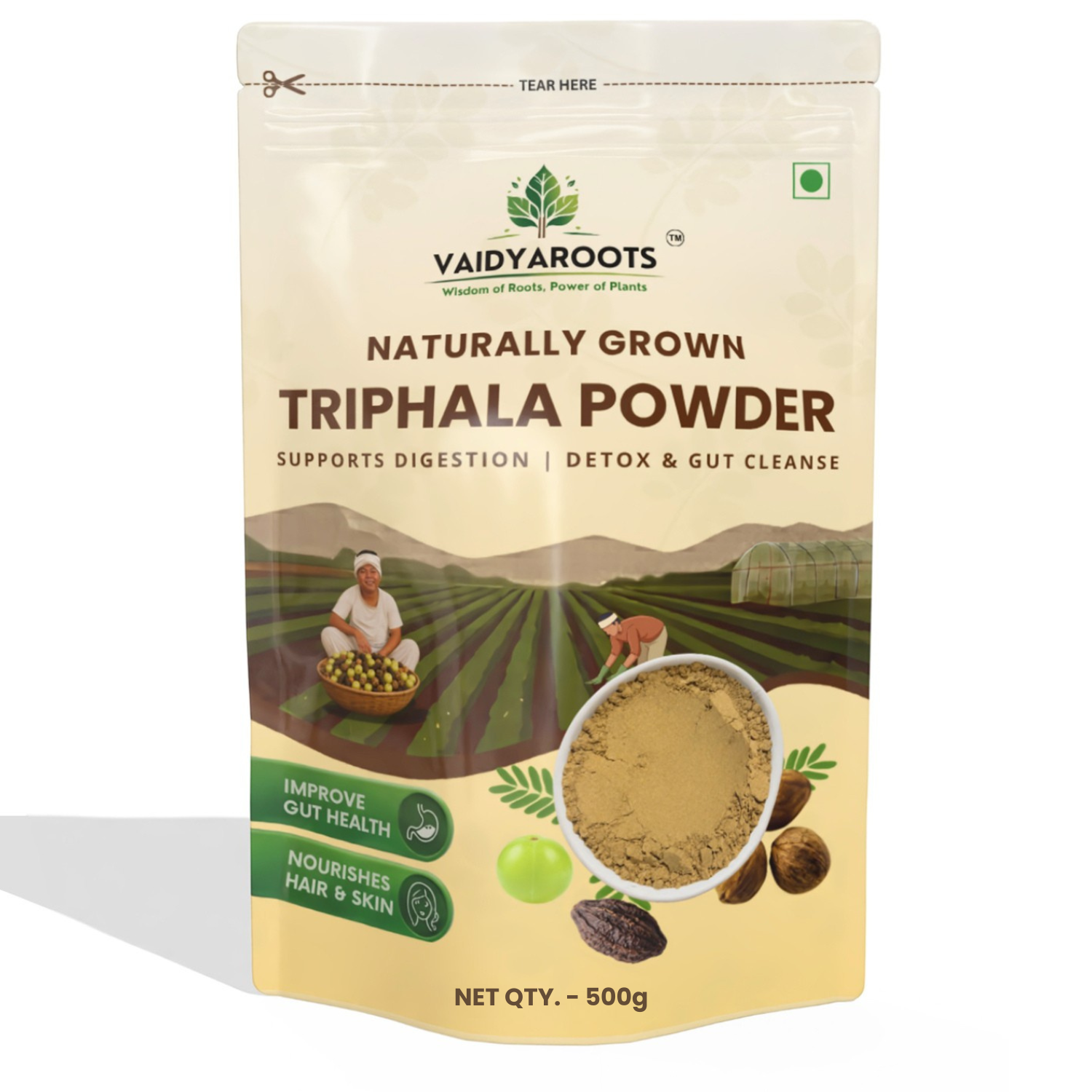 VaidyaRoots Triphala Powder | 100% Pure Ayurvedic Blend | Amla, Haritaki, Bibhitaki | Supports Digestion, Detox & Gut Health | Natural & Chemical-Free