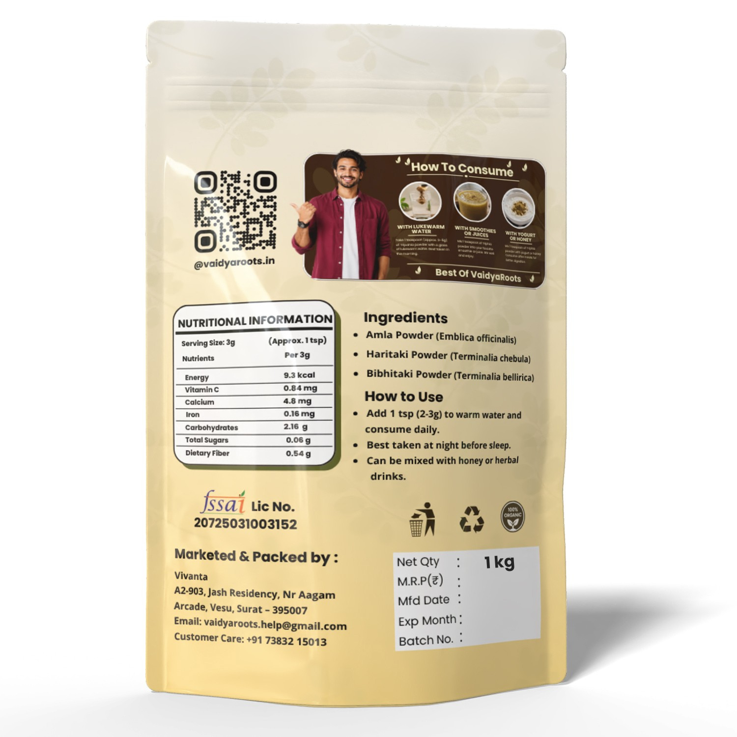 VaidyaRoots Triphala Powder | 100% Pure Ayurvedic Blend | Amla, Haritaki, Bibhitaki | Supports Digestion, Detox & Gut Health | Natural & Chemical-Free