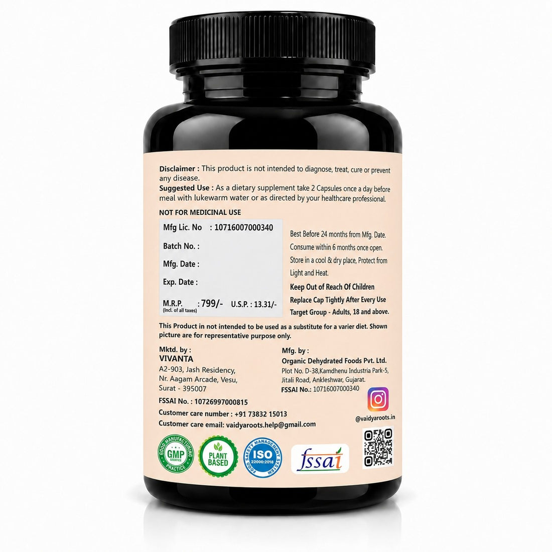 VaidyaRoots Ashwagandha Capsules Front View