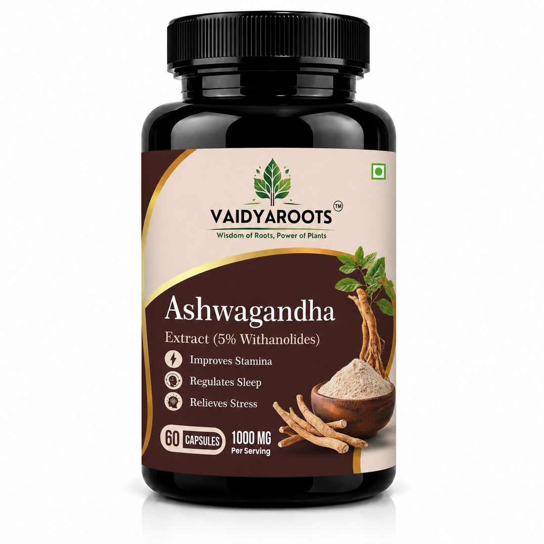 VaidyaRoots Ashwagandha Capsules Front View